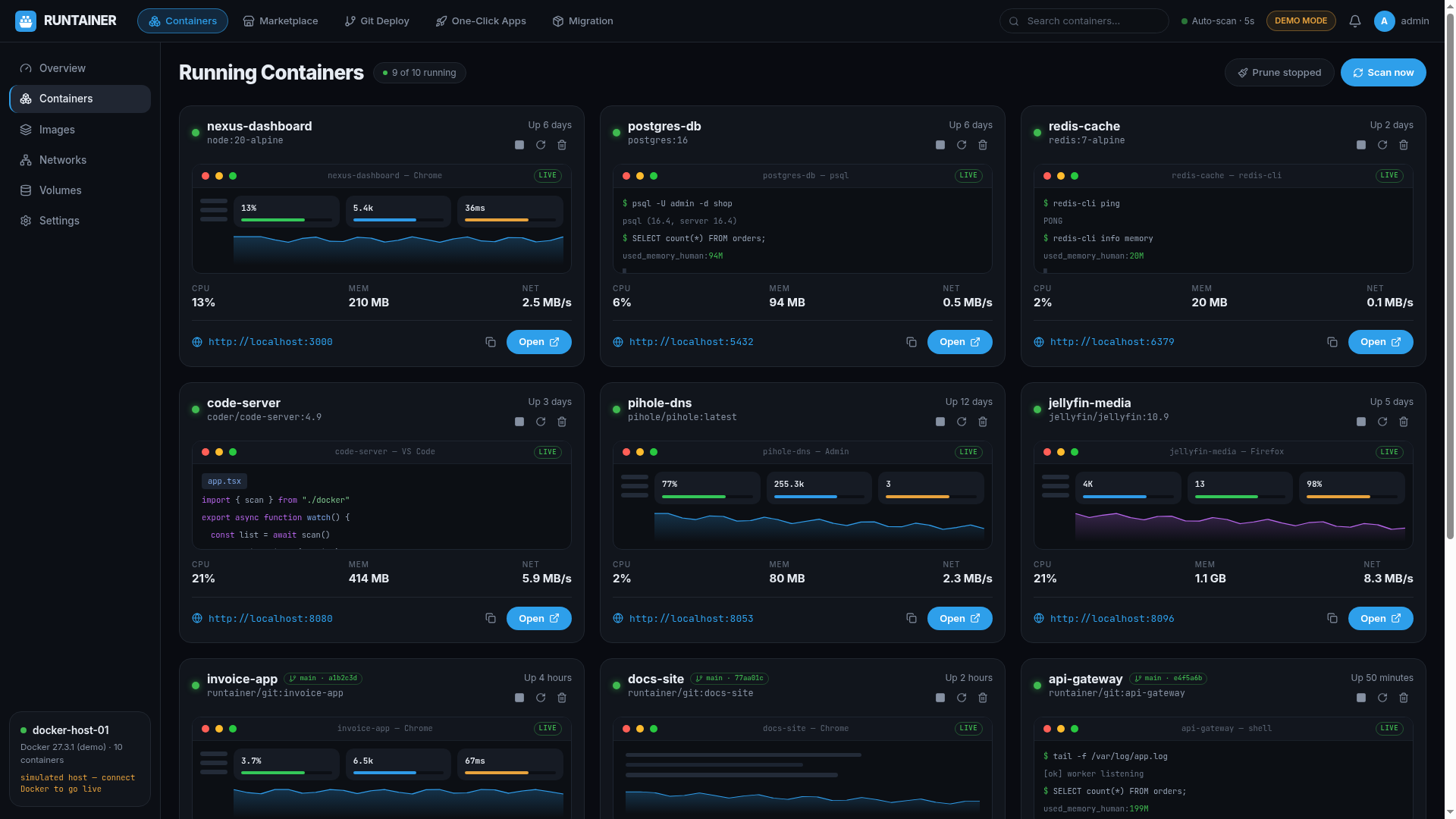 RUNTAINER containers view — grid of running containers with live previews and access links