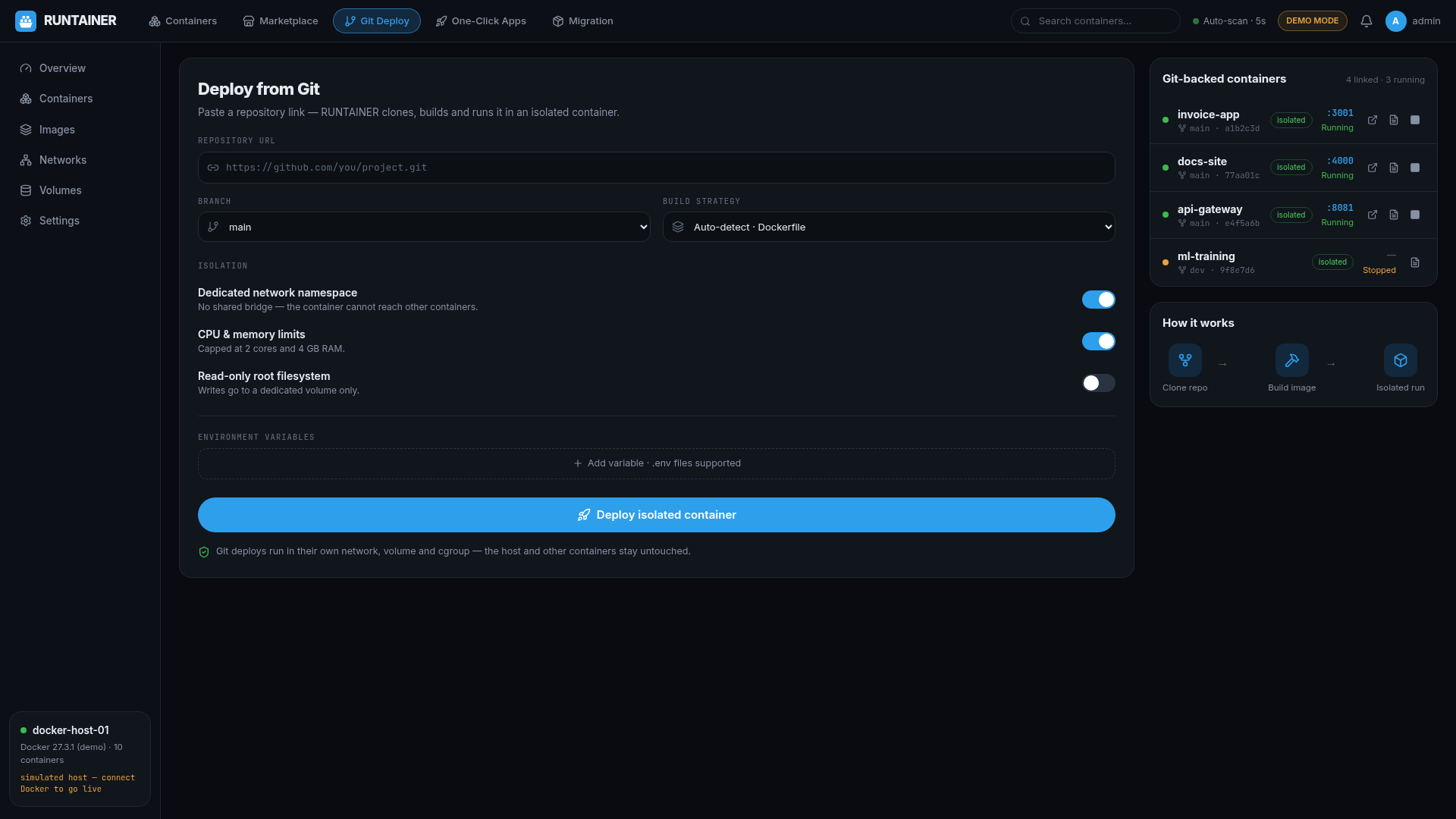 RUNTAINER Git deploy — repository URL form with isolation toggles and streaming build log