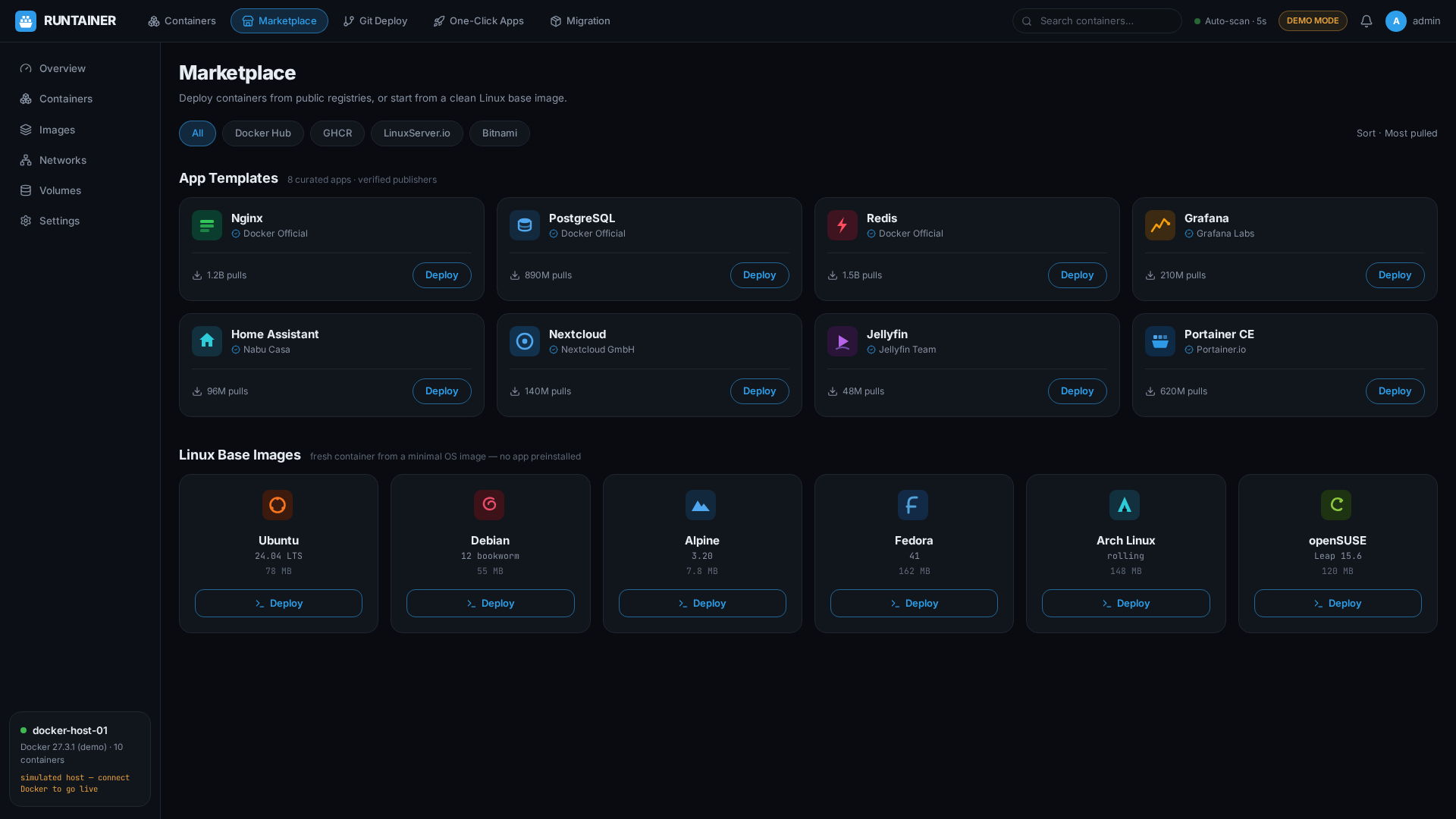 RUNTAINER marketplace — app templates and Linux base images from multiple registries