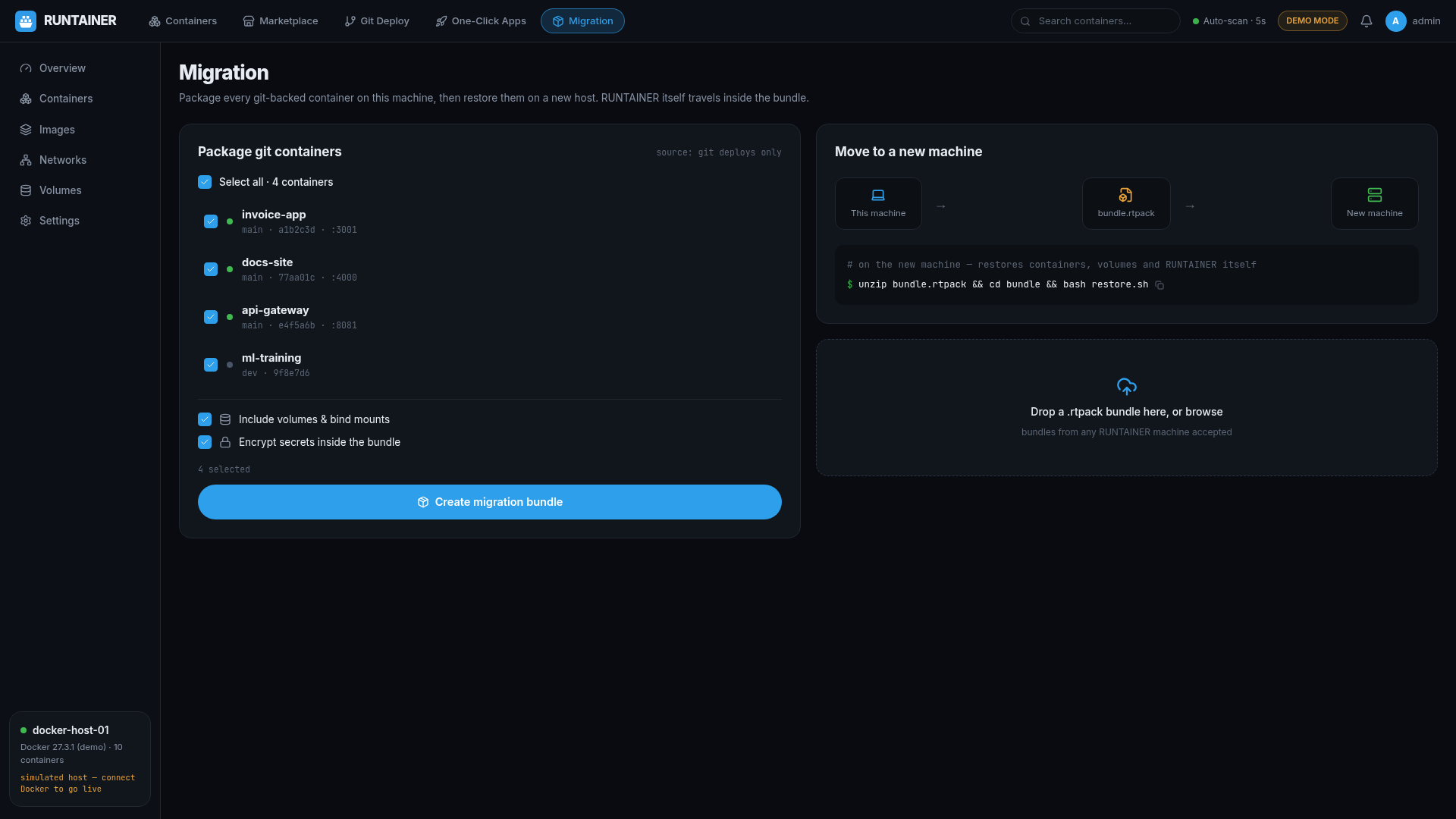 RUNTAINER migration — select git containers and create a portable bundle with restore script