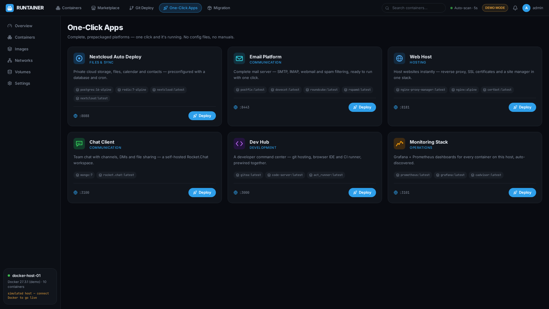 RUNTAINER one-click apps — complete platforms deployable with a single button